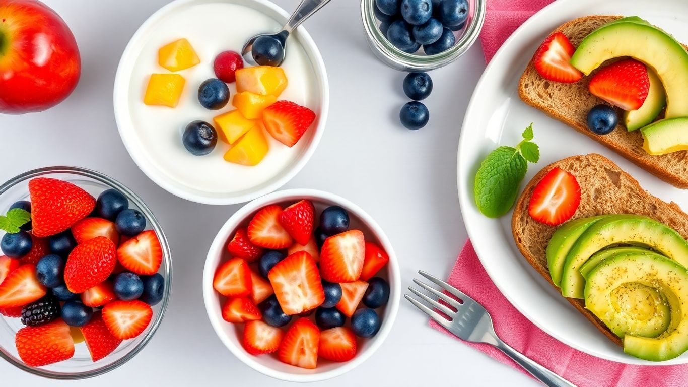 Healthy low-calorie breakfast spread with fruit and yogurt.