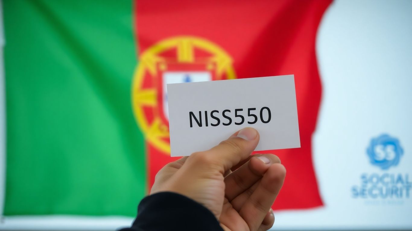 Mão segurando documento com NISS e bandeira de Portugal.