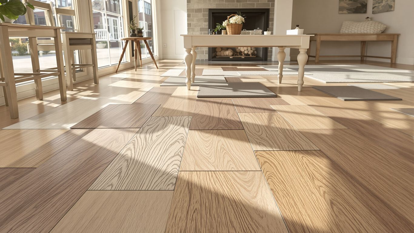 Home flooring samples: wood, tile, and carpet textures.