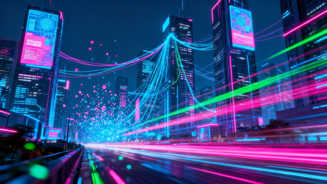 Futuristic cityscape with glowing data streams connecting buildings.