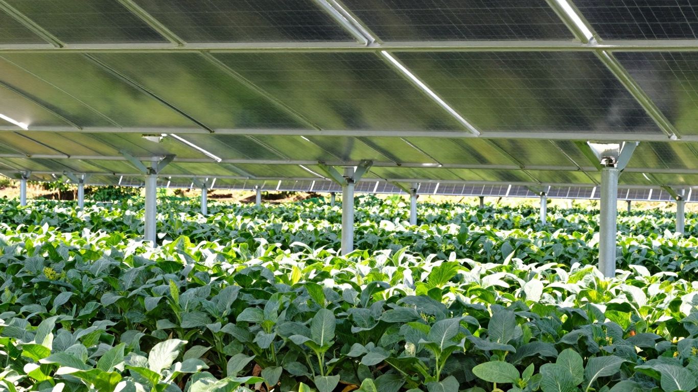 Câmp agricol sub panouri solare, combinând agricultura cu energia.