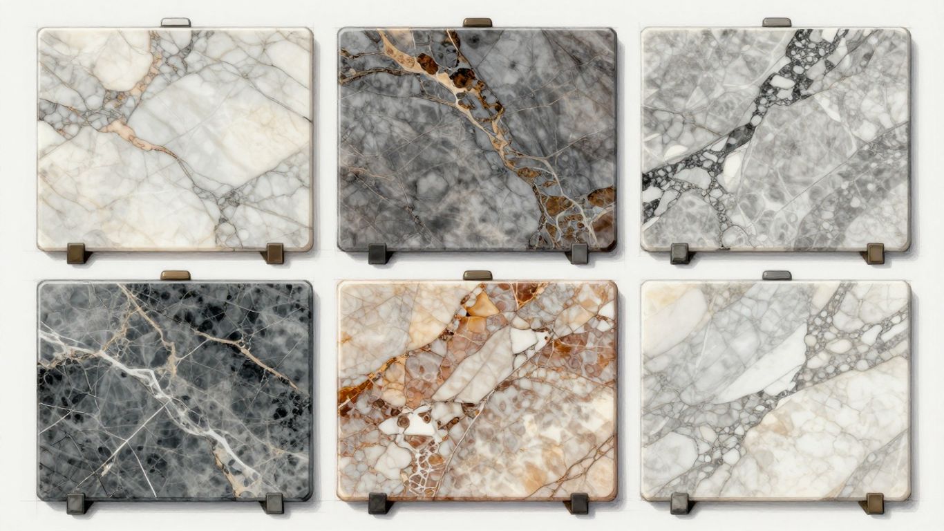 Custom marble surfaces with intricate veining and luxurious texture.