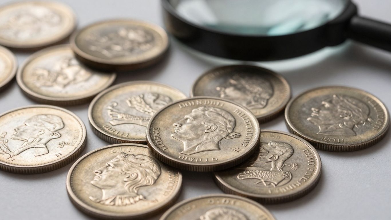 Close-up of coins and magnifying glass for grading.
