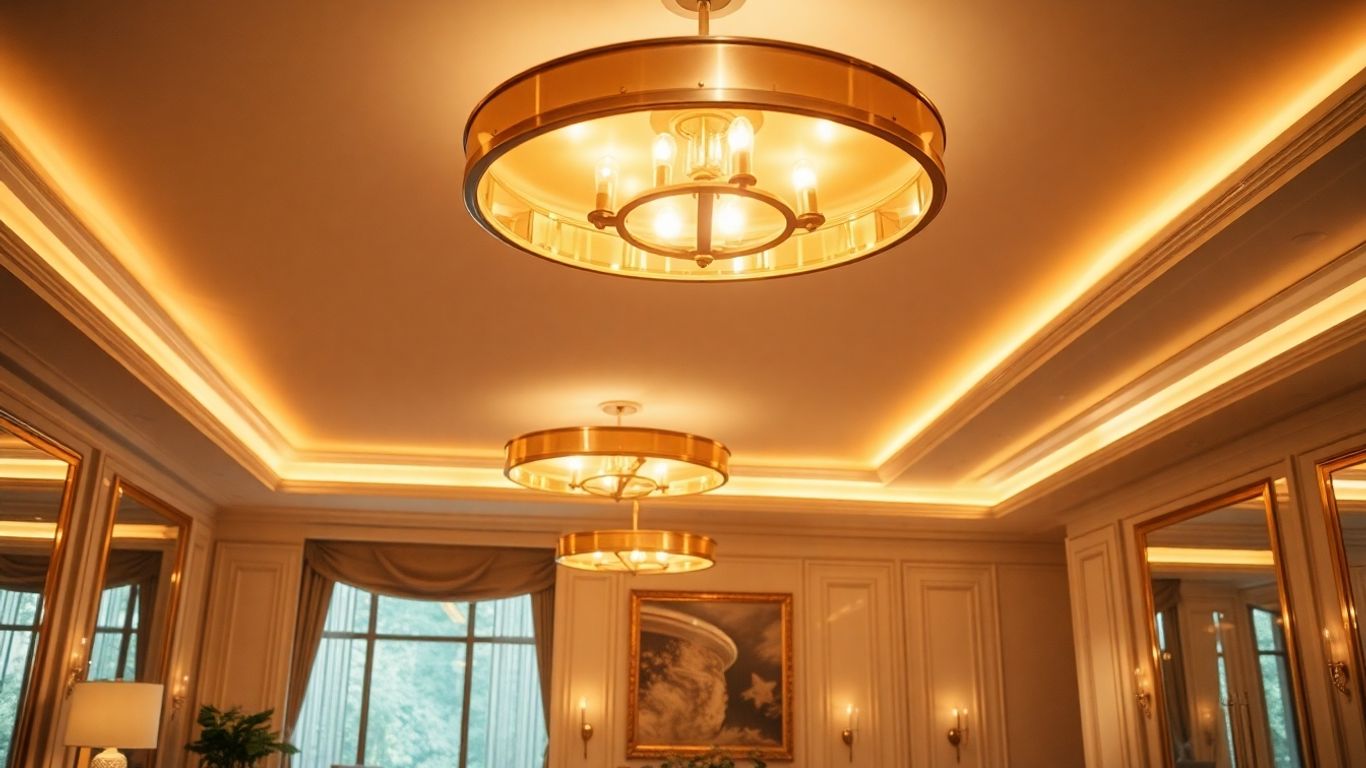 Elegant gold ceiling lights illuminating a stylish room.