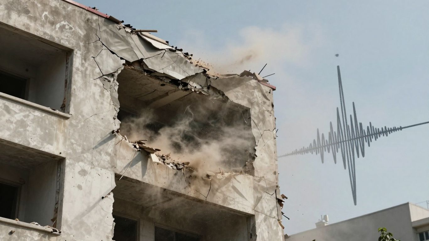 Cracked building facade after earthquake, seismograph needle shaking.