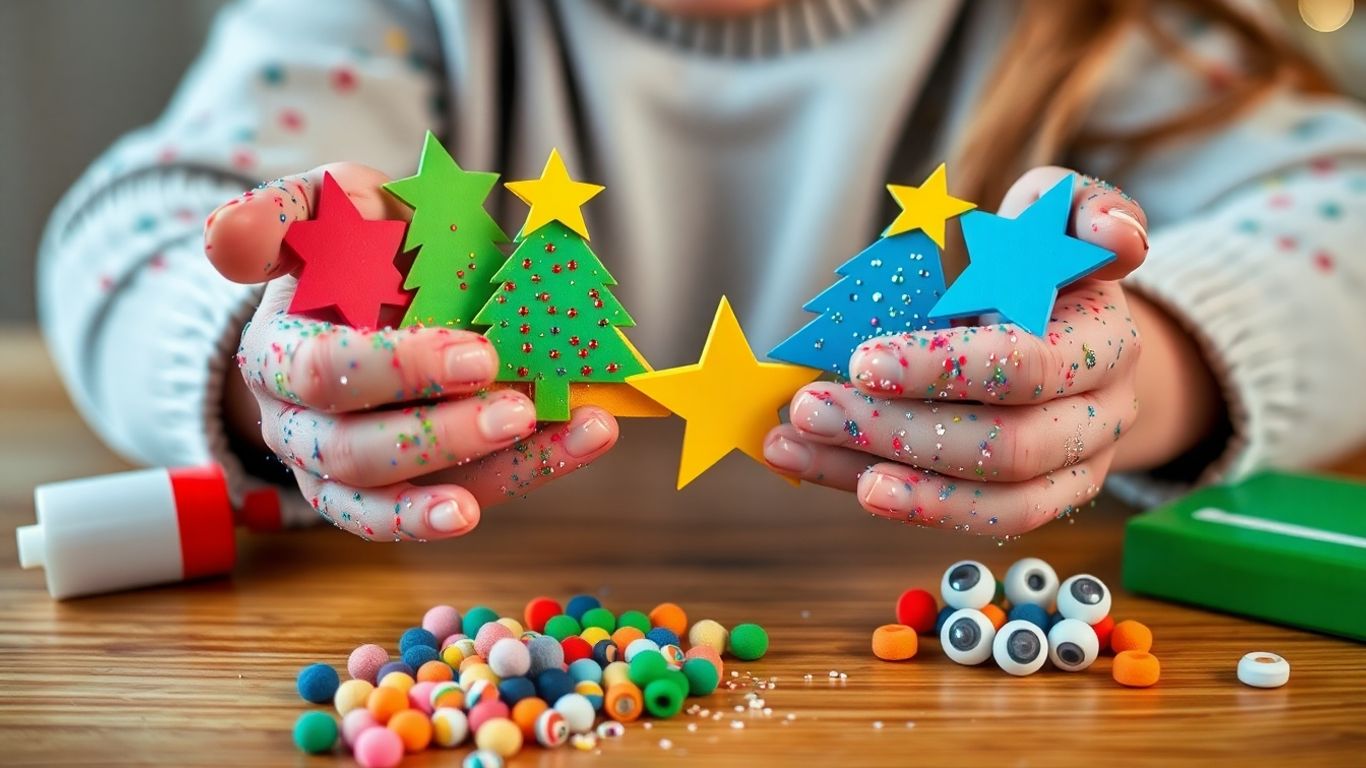Children's hands crafting Christmas decorations with glitter and glue.