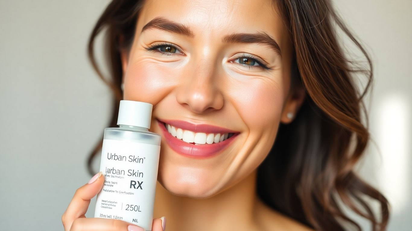 Woman with clear, glowing skin holding Urban Skin RX product.