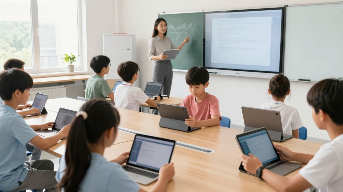 Students using tablets and interactive whiteboards in a modern classroom.
