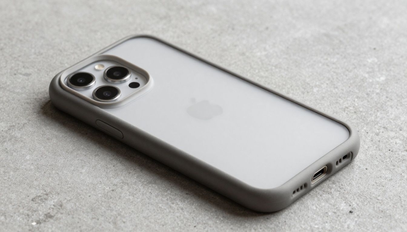 Photorealistic image of a neutral smartphone in a shockproof phone case lying on a concrete surface, illustrating everyday impact scenarios