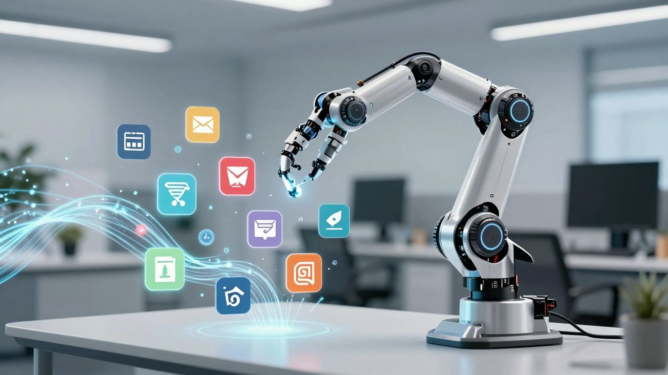 Robot arm organizing digital marketing icons.