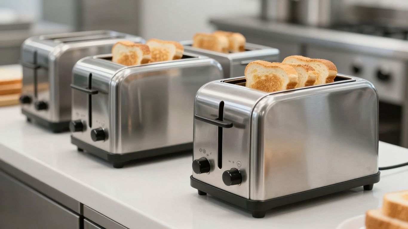 Various commercial toasters on a kitchen counter.