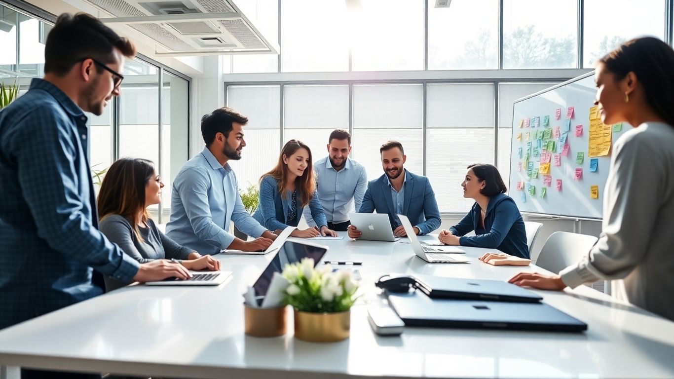 Personas colaborando en una oficina moderna con dispositivos digitales.