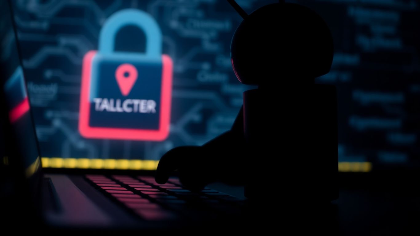 Android robot typing on a keyboard, evading detection.