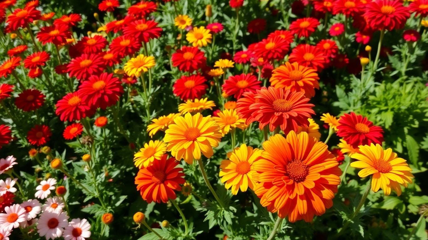 Spätblühende Stauden in voller Blüte auf einem sonnigen Beet.
