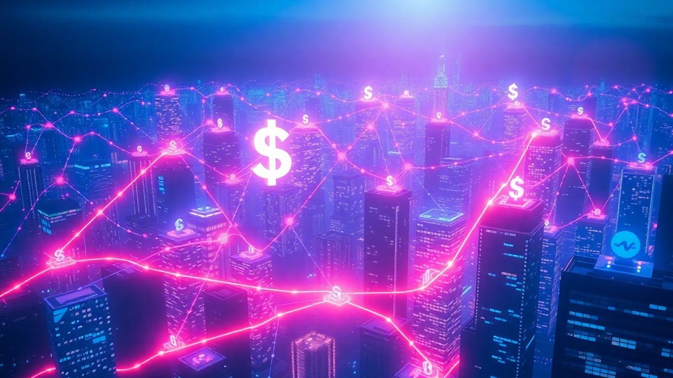 Digital cityscape with blockchain nodes and financial symbols.