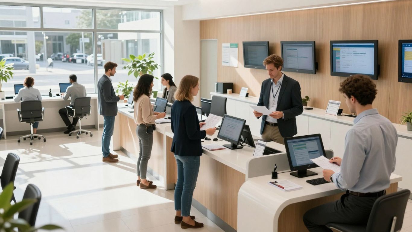 People conducting banking transactions inside a modern German bank.