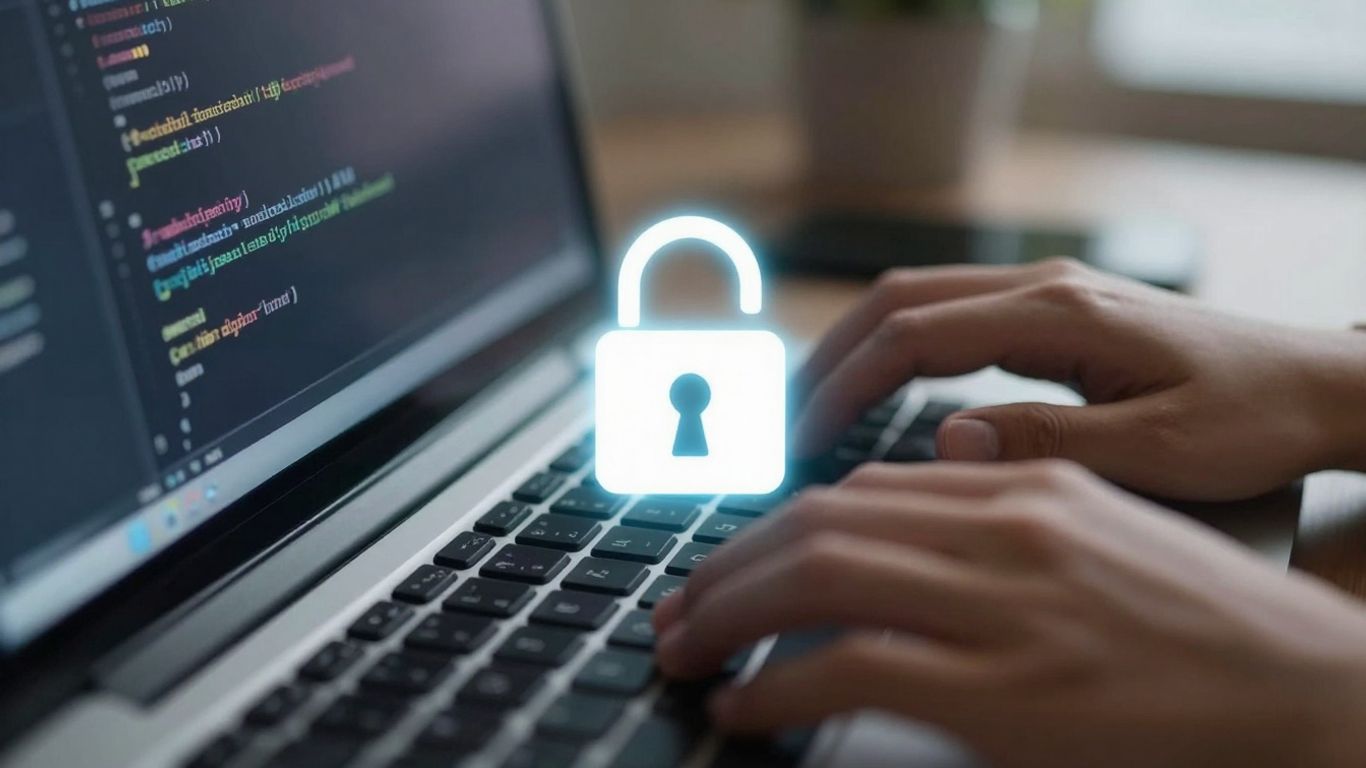 Developer securing API inputs with code and a padlock.
