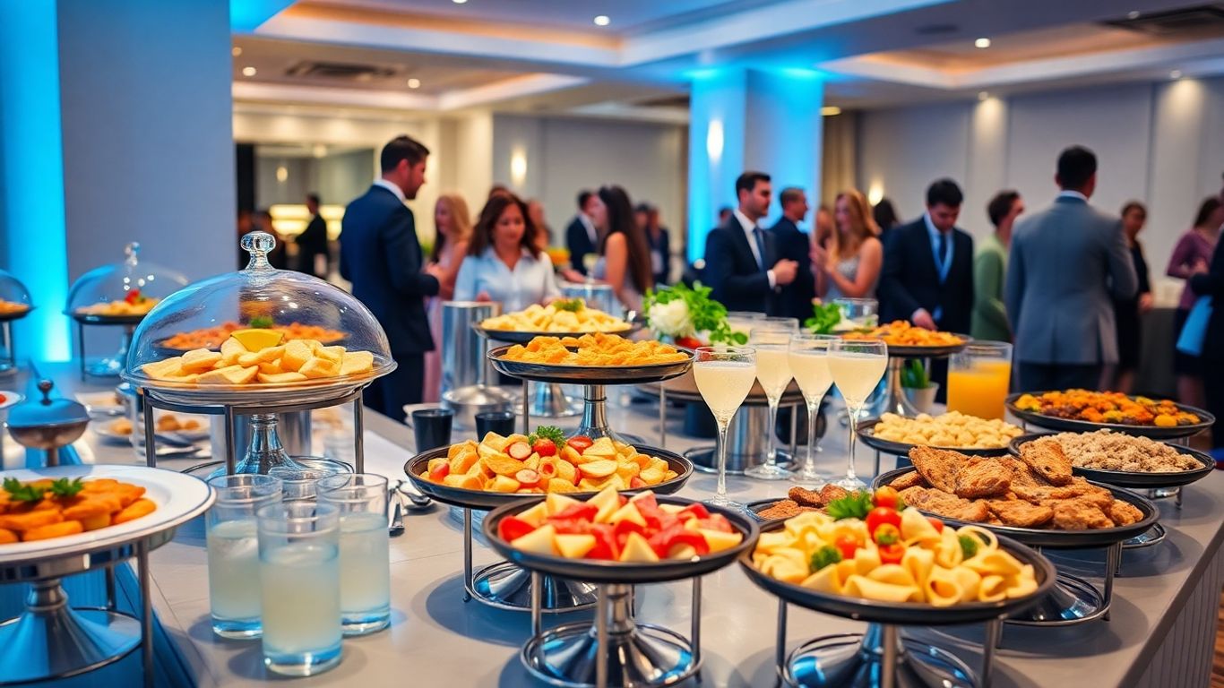 Elegante Catering-Auslage mit Speisen und Getränken, Personal im Hintergrund.