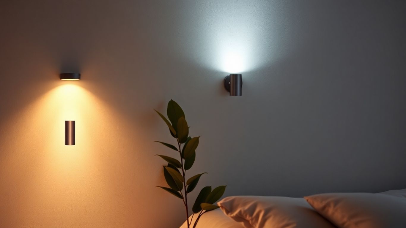 Creative LED wall sconce illuminating a bedside area.