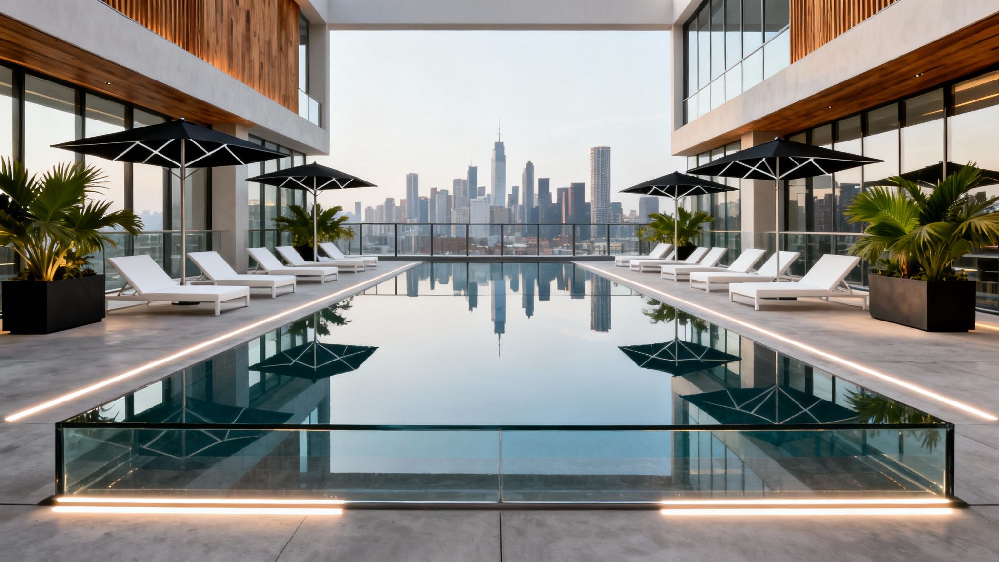Rooftop pool deck with skyline views and contemporary furnishings