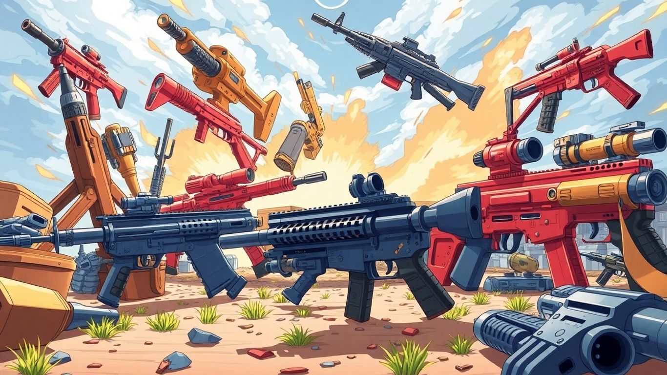 Collection of diverse RPG gun toys with game-like feel.