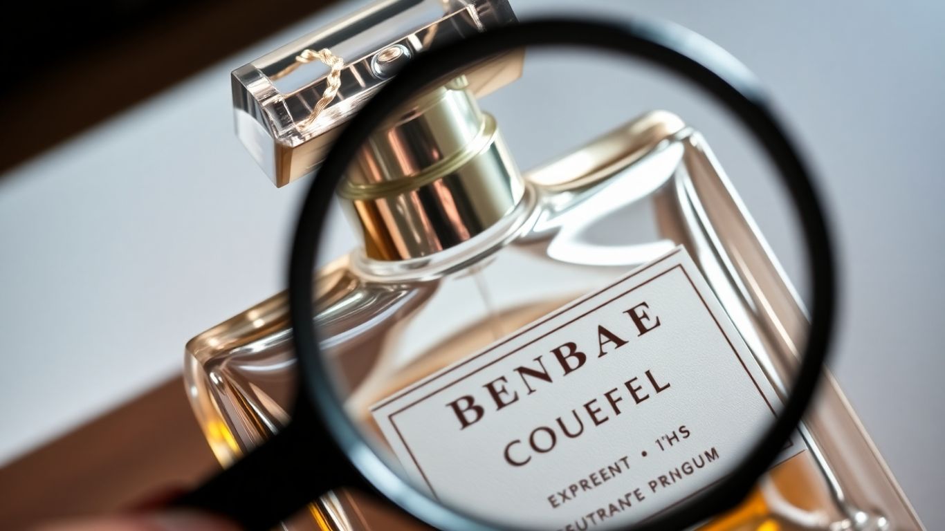 Perfume bottle details examined with a magnifying glass.