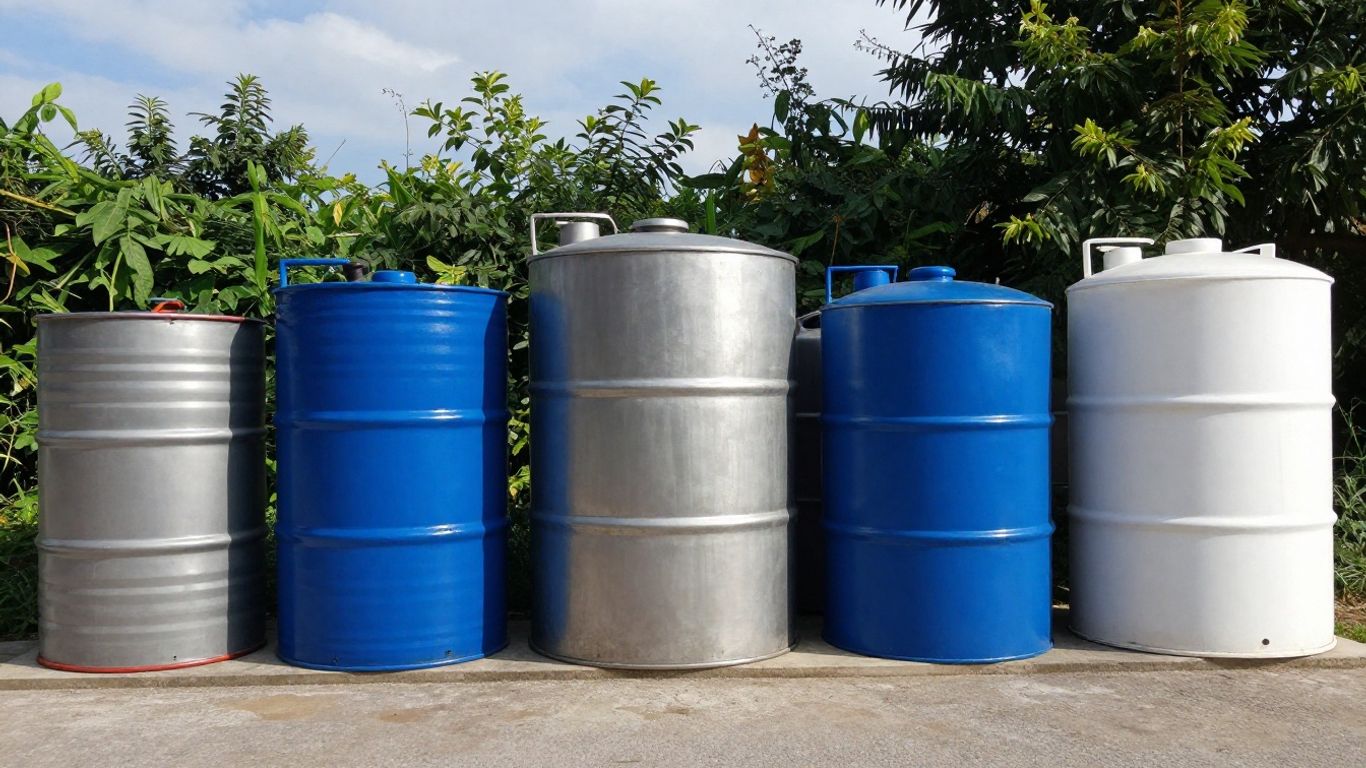 Water tanks of various sizes outdoors.