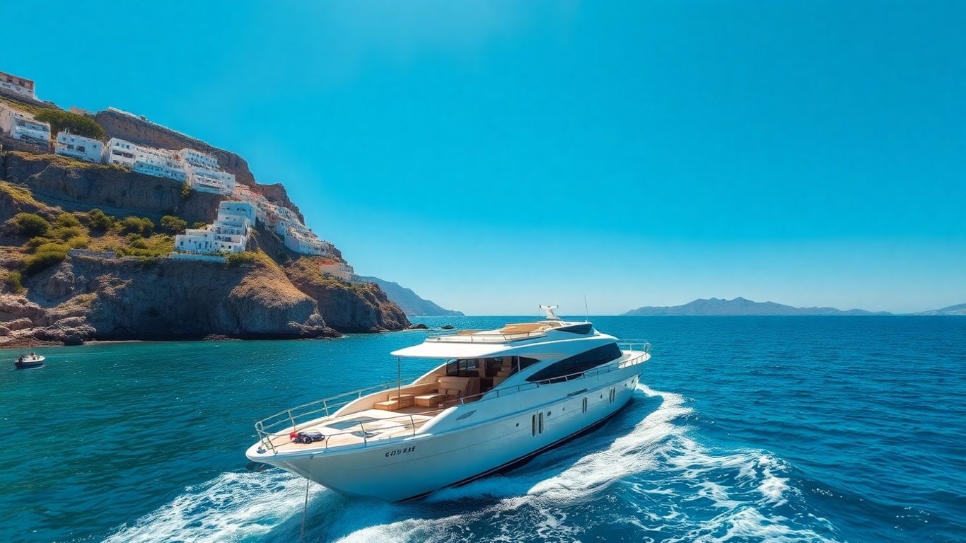Yacht sailing in the Aegean Sea near Greek islands.