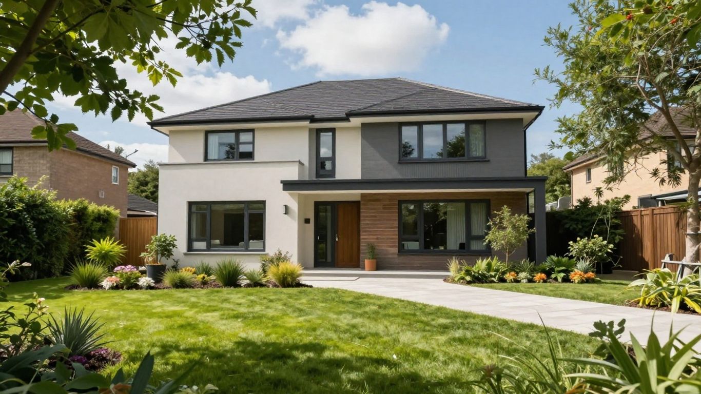 Modern UK house exterior with green garden.