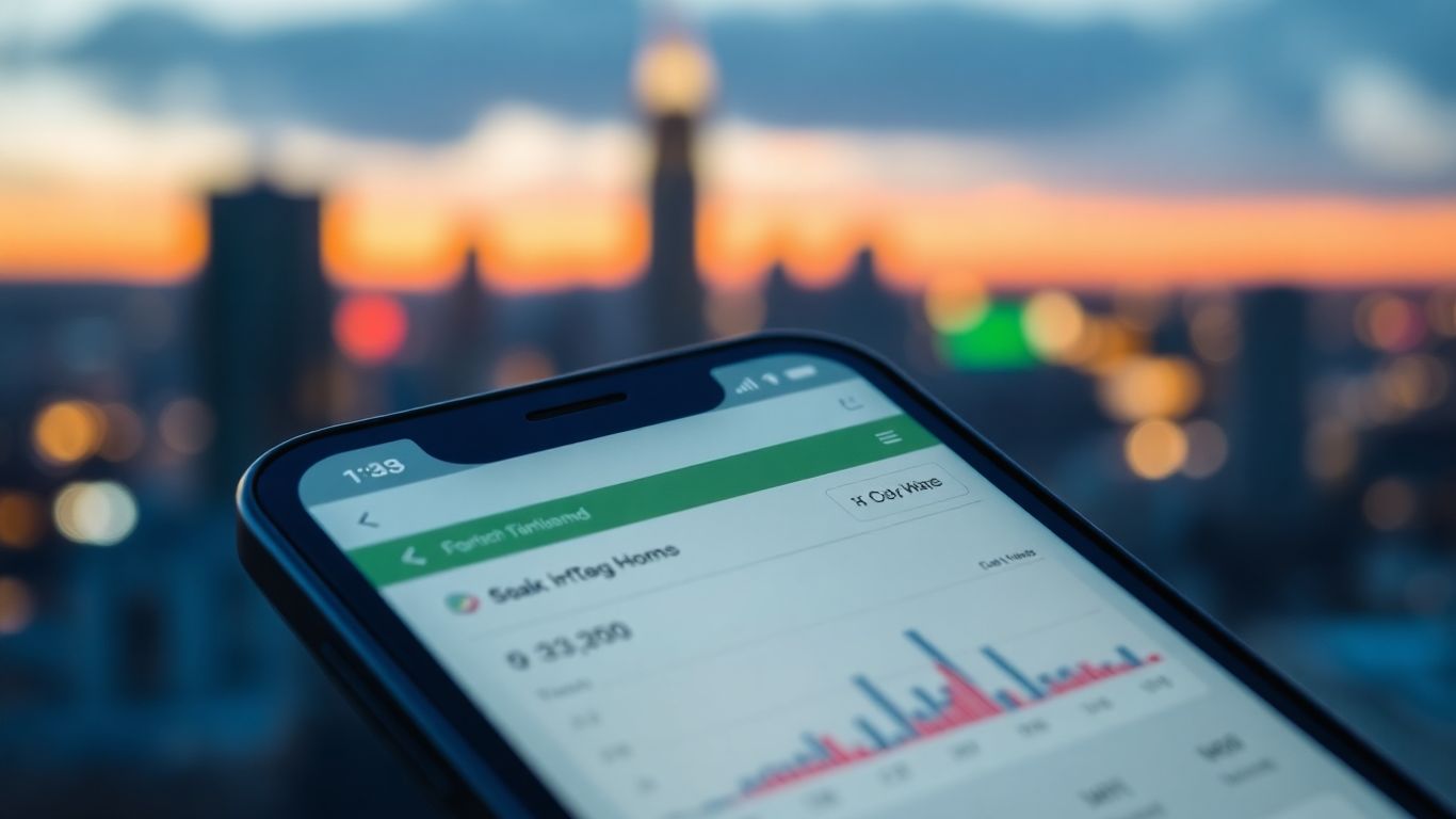 iPhone displaying a finance app with cityscape background.