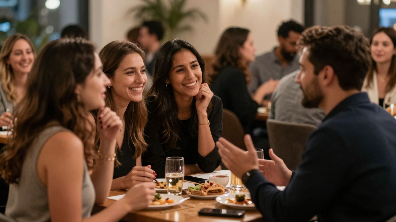 Speed dating event with happy singles interacting.