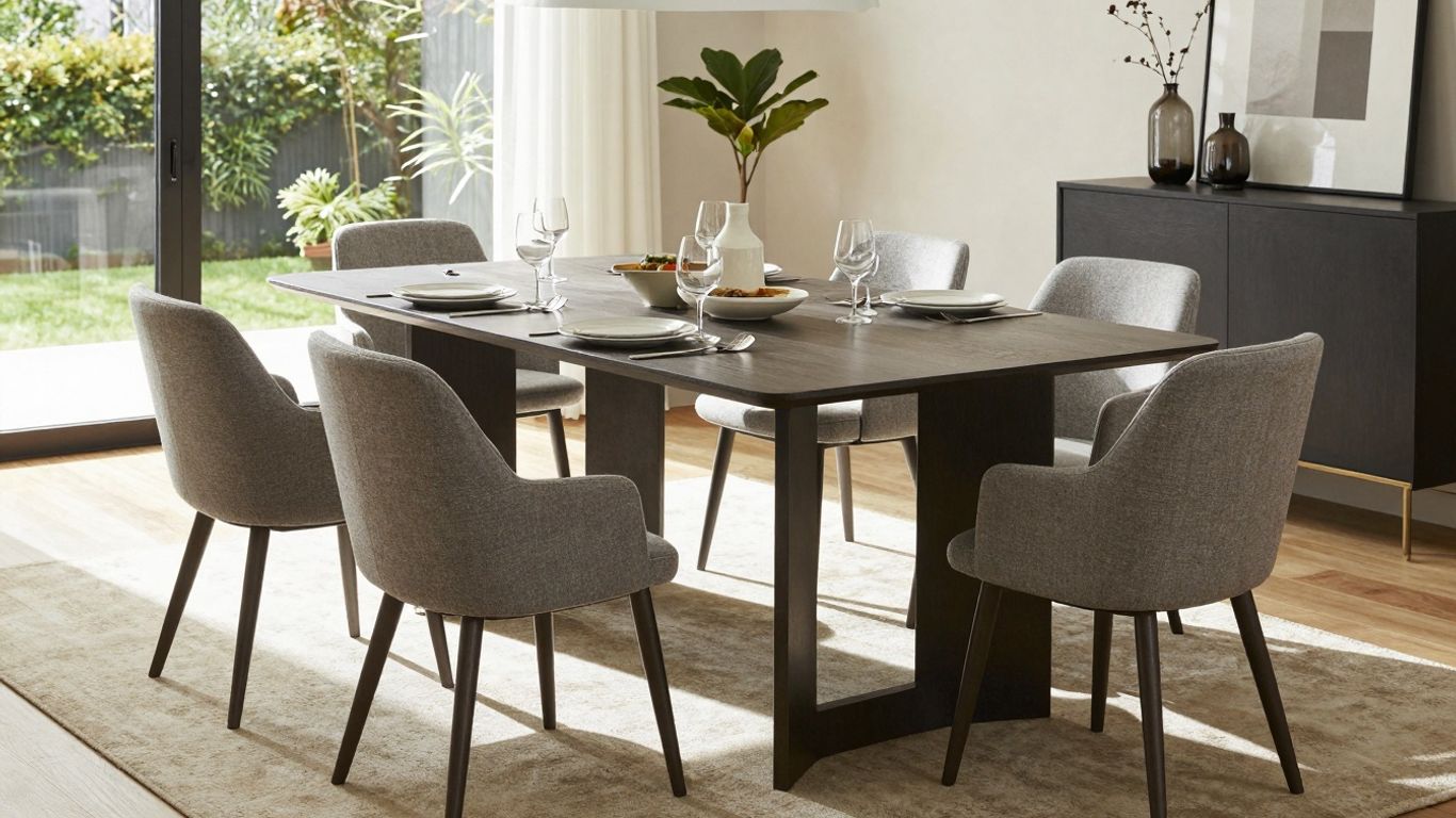 Modern dining table in a sunlit Airbnb room.