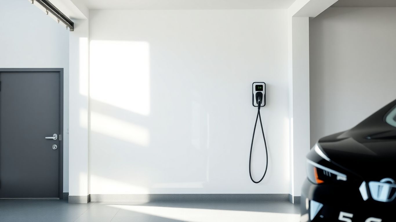 Borne de recharge électrique installée dans un garage résidentiel.