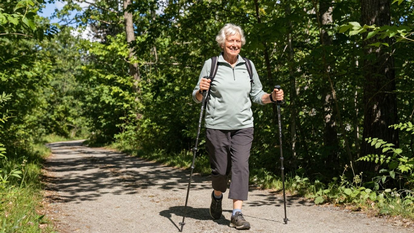 Senior using REI Co-op Trailmade walking poles on a forest trail.