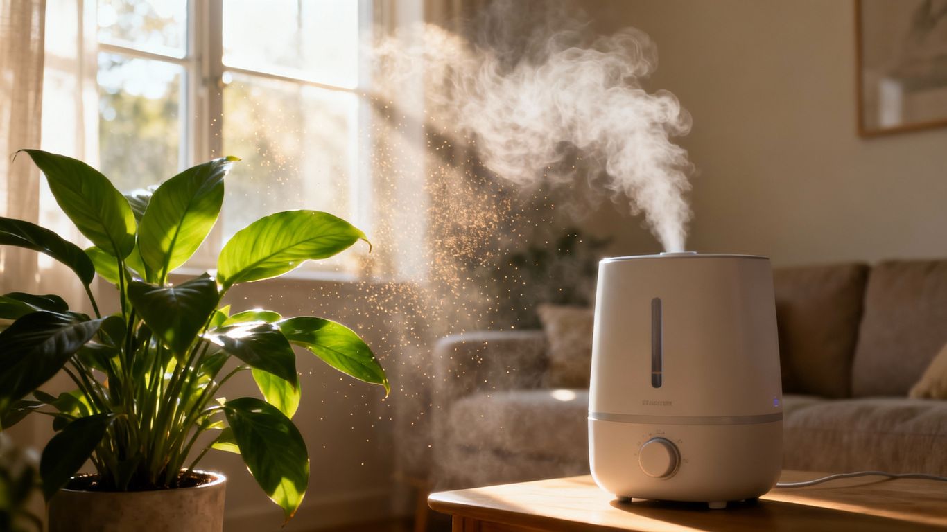 Humidifier releasing mist in a sunlit living room.