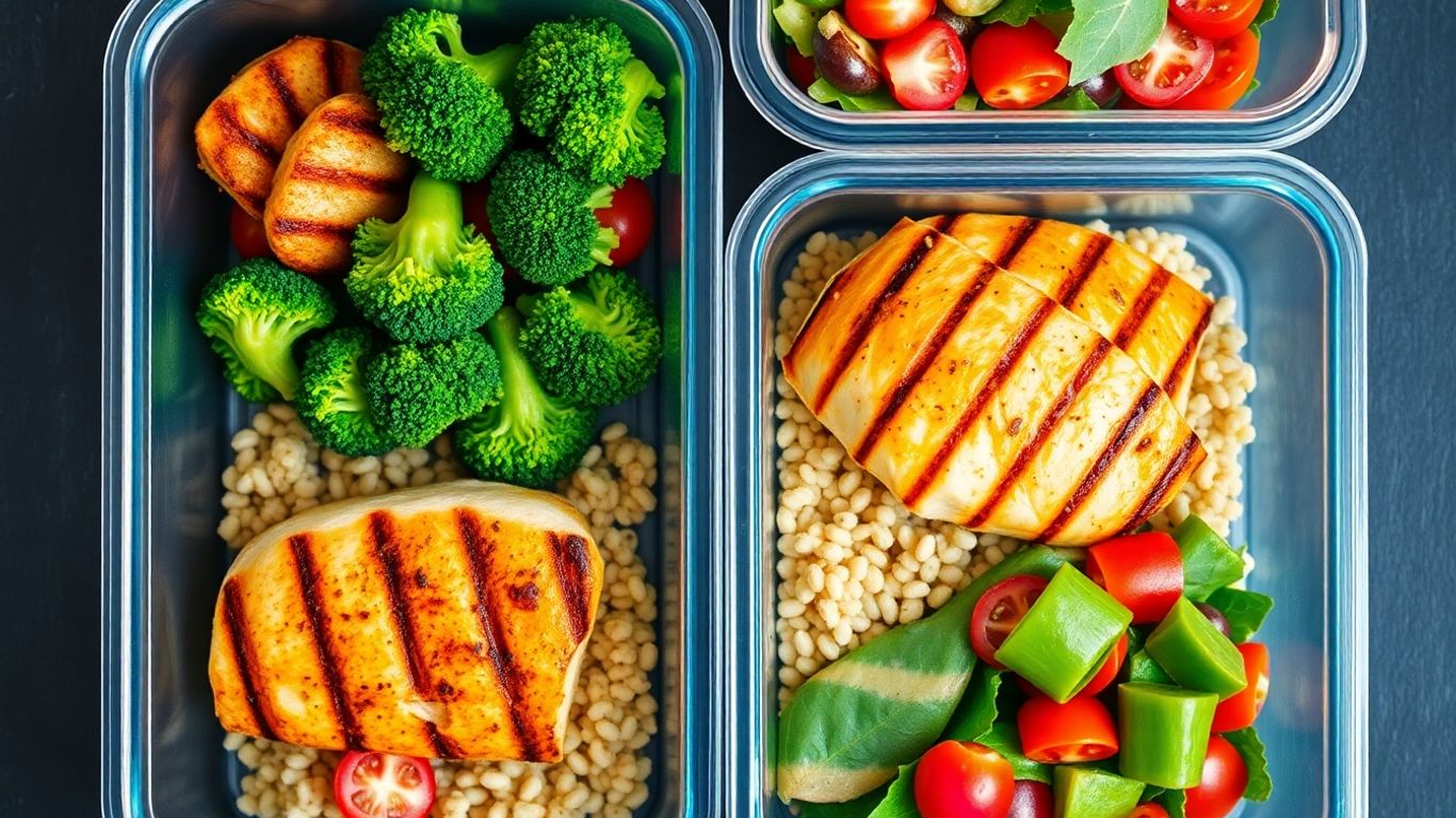 High protein meal prep containers with chicken, quinoa, and vegetables.