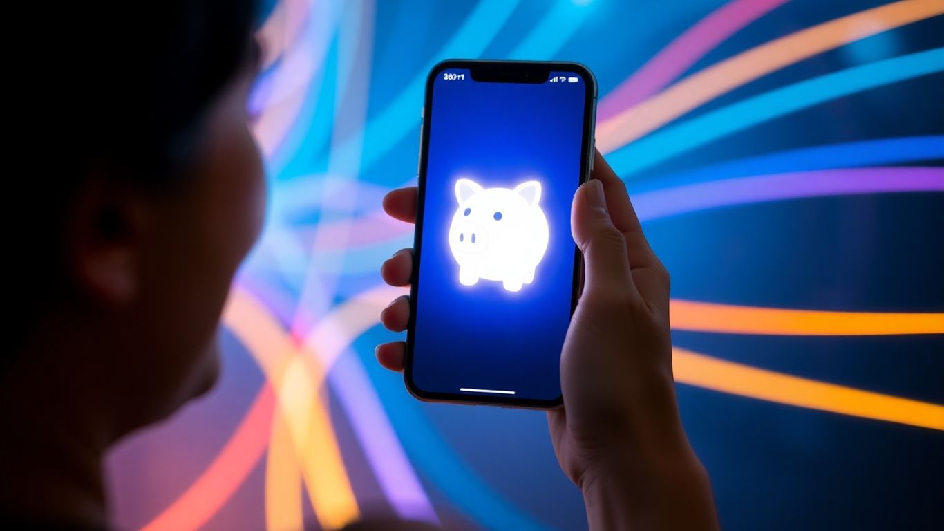 Pessoa feliz com smartphone e cofrinho digital brilhante.
