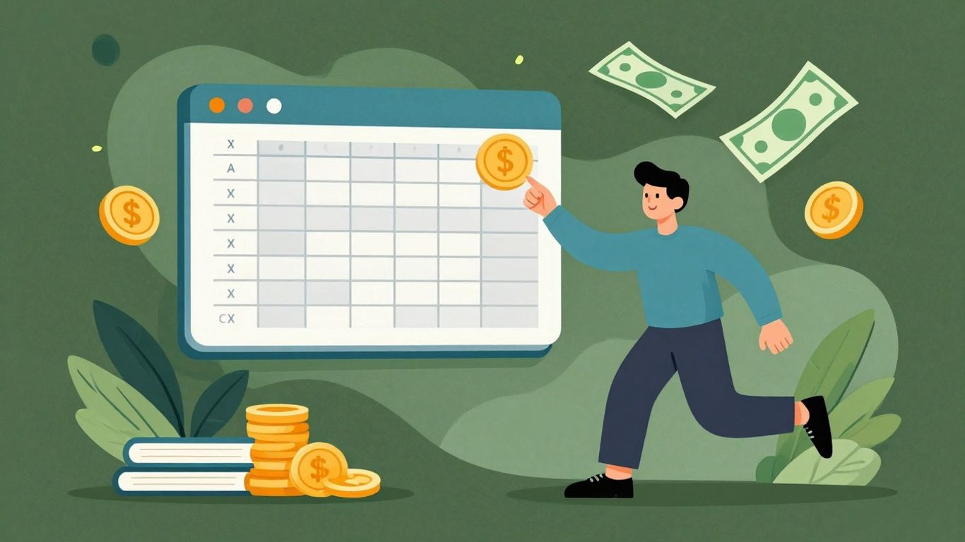 Pessoa feliz controlando finanças com planilha mágica.