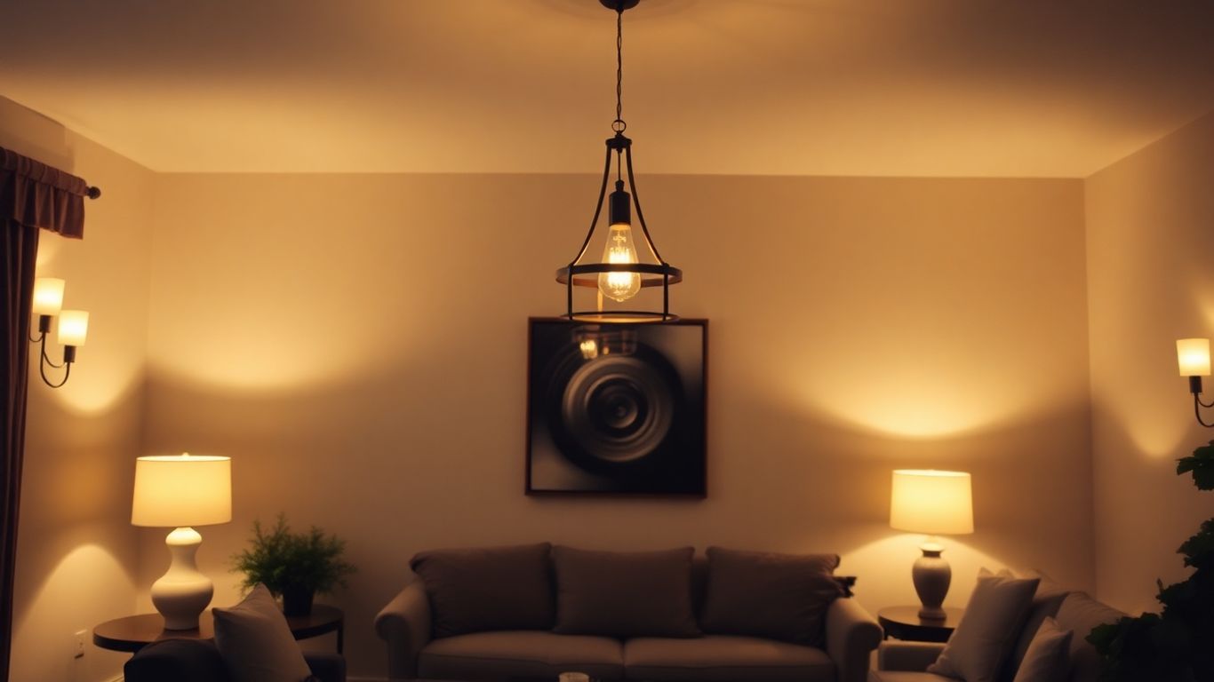 Living room illuminated by diverse light fixtures.