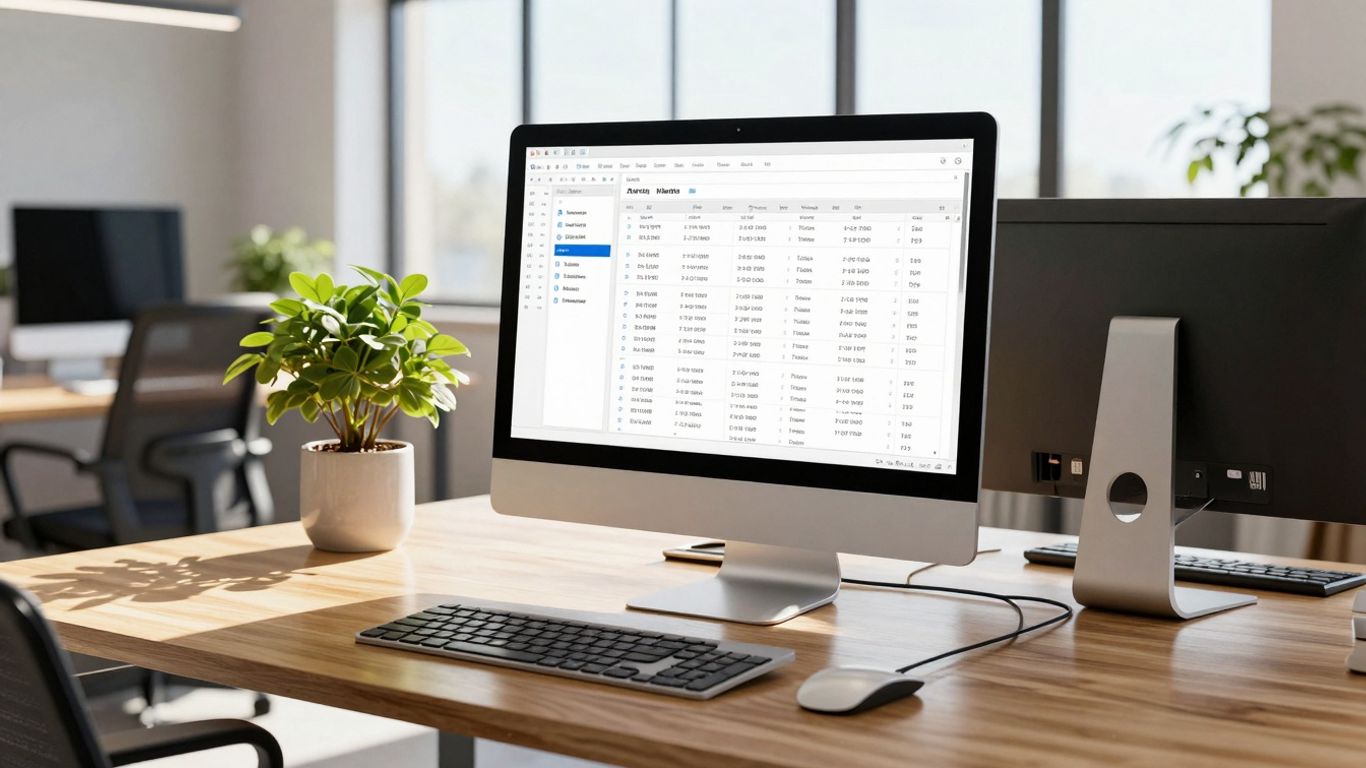 Modern office desk with a CRM dashboard on screen.