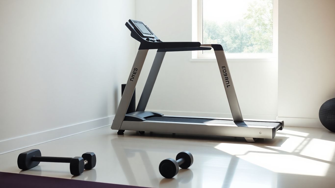 Home gym with treadmill and dumbbells.