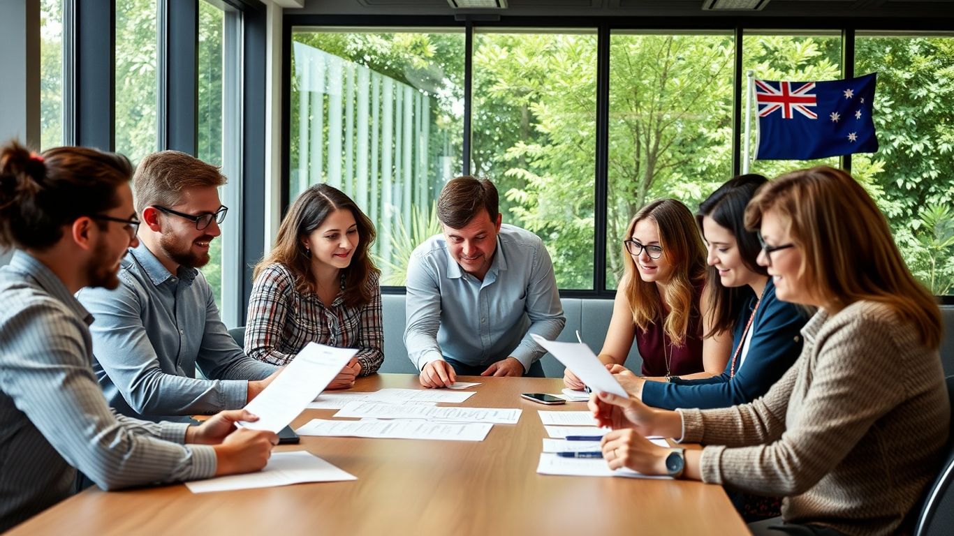 Australians reviewing paperwork at a grant meeting