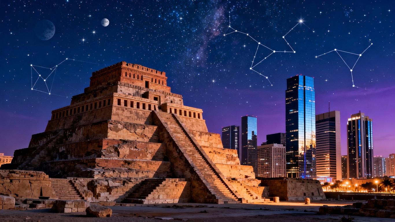 Ancient ziggurats merging with a modern city under stars.