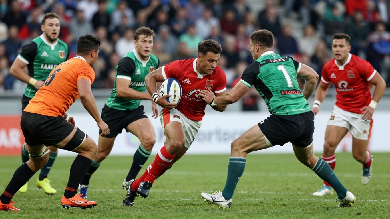 Rugby players in action on a green field.