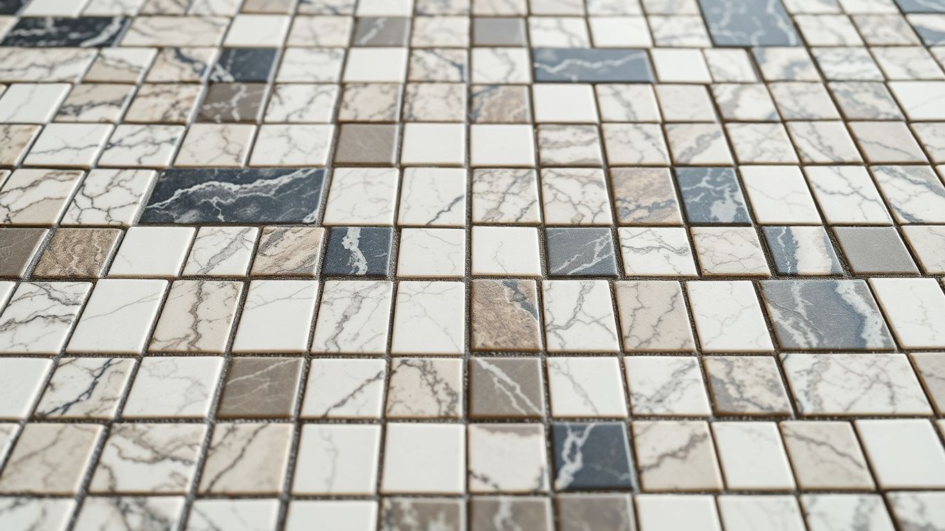 Marble mosaic tiles with natural veining and rich textures.