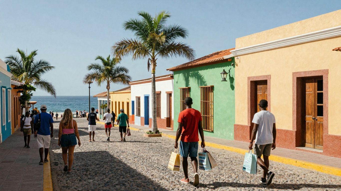 Cabo street scene with colorful buildings and palm trees.