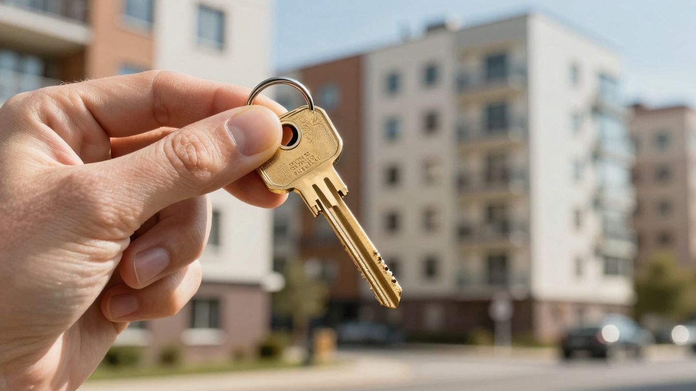 Cheie aurie în mână, clădiri moderne pe fundal.