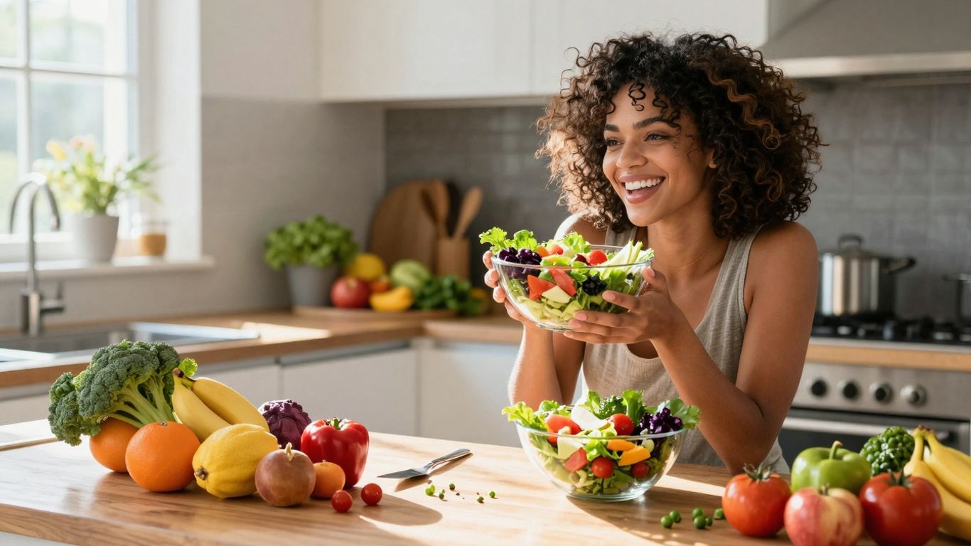 Mulher sorrindo com salada colorida, luz natural.