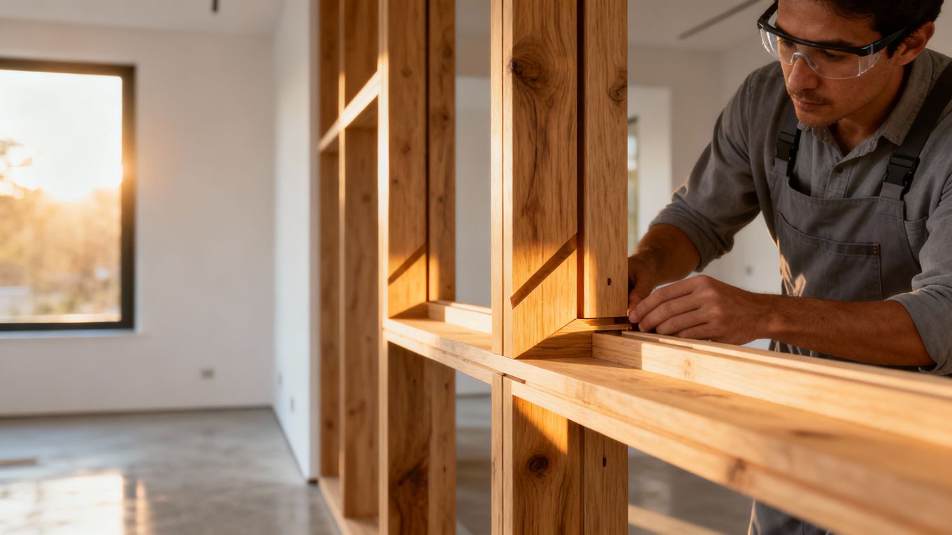 Custom home framing installation in progress.