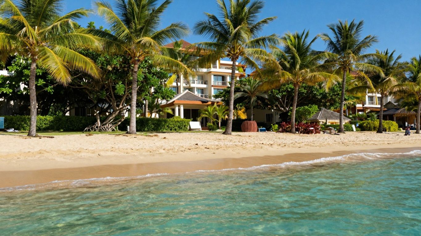 Plaża z palmami i turkusową wodą, hotel w tle.